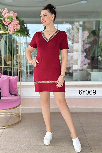 İnce Topuk V-Neck Striped Viscose Dress 6Y069