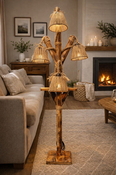 Mutluhan Desing Rustik Ahşap Lambader 4 Başlıklı – El Yapımı Halat Detaylı De...