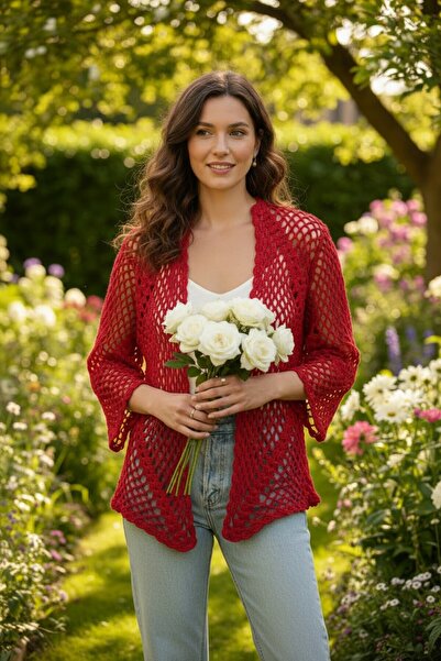 pulur.co Red Hand Knitted Crochet Hexagonal Mesh Cardigan