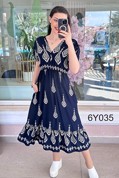 İnce Topuk V-Neck Elastic Waist Viscose Dress 6Y035