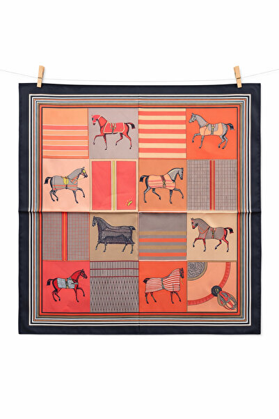 AGAPI At Patterned Saten Fular 50X50 cm – Orange Navy Blue Square Women's Scarf