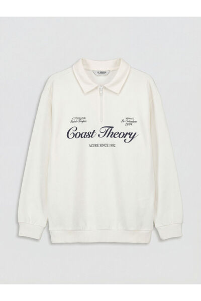 LC Waikiki Φούτερ για αγόρια με στάμπα σε χρώμα εκρού και λαιμόκοψη πόλο