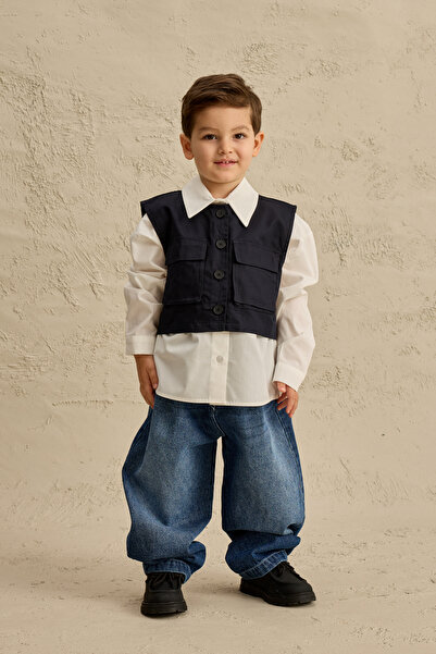 Fahhar Kids طقم قميص كبير الحجم سترة باللون الأزرق الداكن