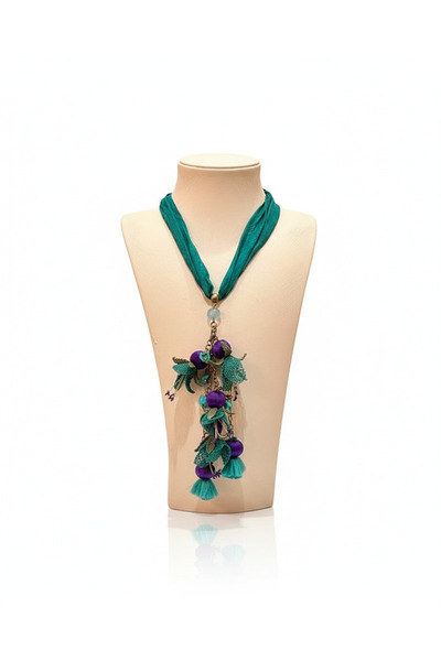 Taşhan Çarşı Hakiki İpek İğne Oyası Kadın Kolye - Yeşil ve Mor Çiçek Motifli ...