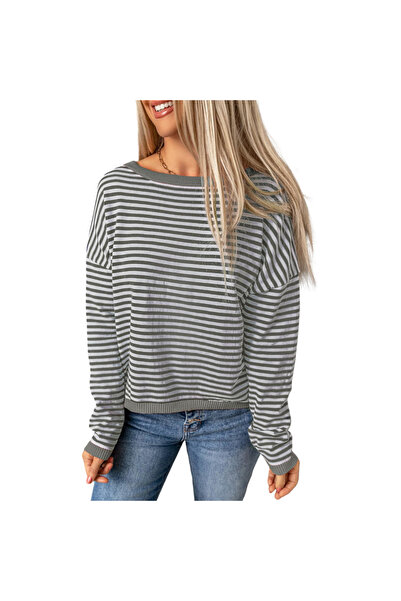 OEM Generic Bluză de Damă - Longsleeve - mărime XL - Alb Gri Bumbac - Dungă M...