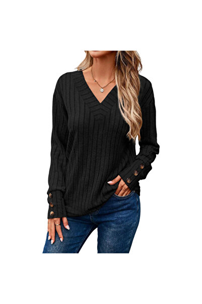 OEM Fashion Women's Sweater - Vintage V-neck - size S - Black - Soft Knit wit...