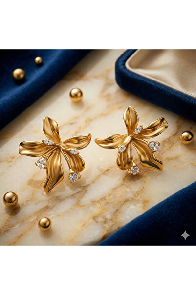 Kristal Taşlı Gold Çiçek Çelik Küpe
