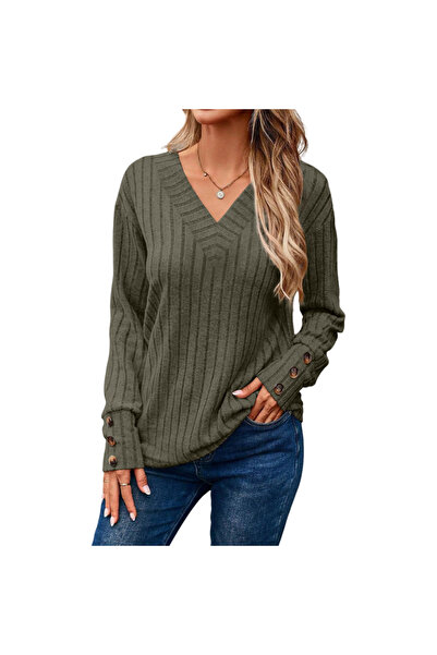 OEM Moda Pulover Damă - Vintage V-neck - mărime M - Verde închis - Tricot moa...