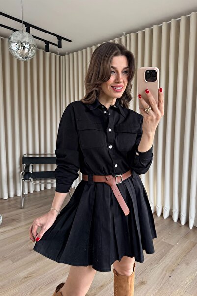 Sue Store Fusta neagră cu nasturi cu pliuri curea piese gabardină rochie tip ...