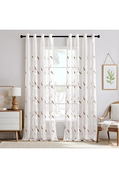 OEM MIULEE Set of 2 Curtains Voile 260x140 cm Brown Embroidered Living Room B...