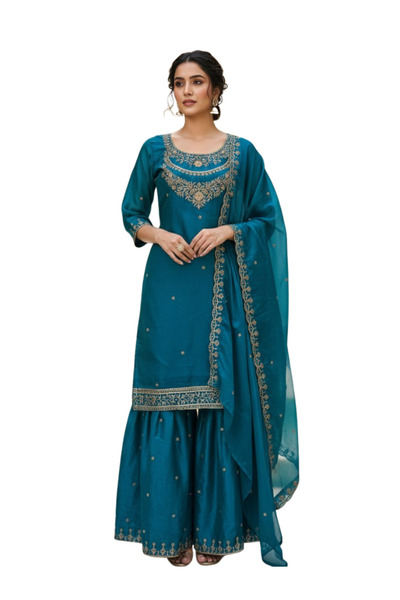 MYSMAR بلوزة واسعة مع بنطال واسع وشال باللون الأزرق المخضر - FFT7162- أزرق مخضر