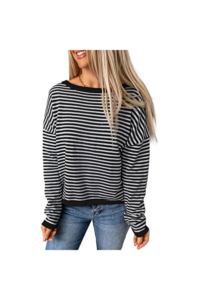 OEM Bluză Damă Longsleeve - Bumbac 100% - mărime M - Alb Negru - Tricou Dungi...