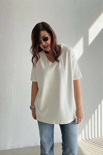 ELVAN TOLON Tricou Ecru cu decolteu în V modal