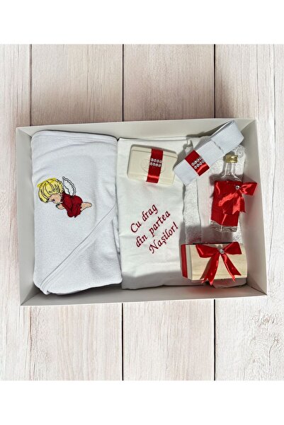 Your Baby Store Trusou botez ingeras brodat - rosu, 7 piese, bumbac