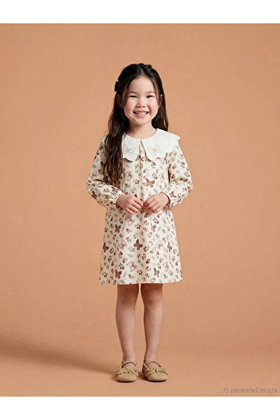 LC Waikiki Lcw Kids Ecru Peter Pan collar Printed Girl's Dress