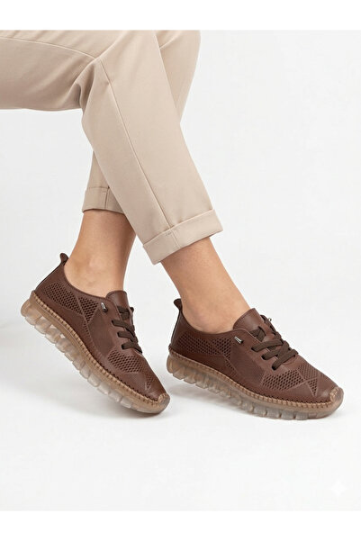 Tamdabu Ayakkabı Genuine Leather Brown Laser Cut Pack Transparent Sole Orthop...