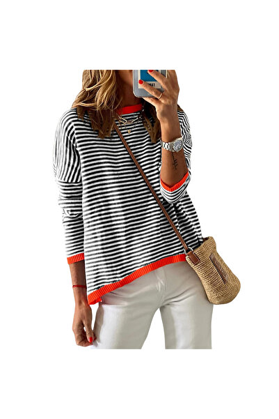 OEM Dokotoo Pulover Damă cu Dungi, Mărimea M, Bumbac Negru-Alb, Decolteu Rotund