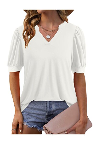 OEM Bluză Damă Elegantă XL Albă Bumbac Decolteu V Imprimeu Casual Aerisit