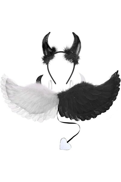 OEM DPKOW Costum Diavoliță Halloween Copii, Alb-Negru, Aripi Pene și Bentiță ...