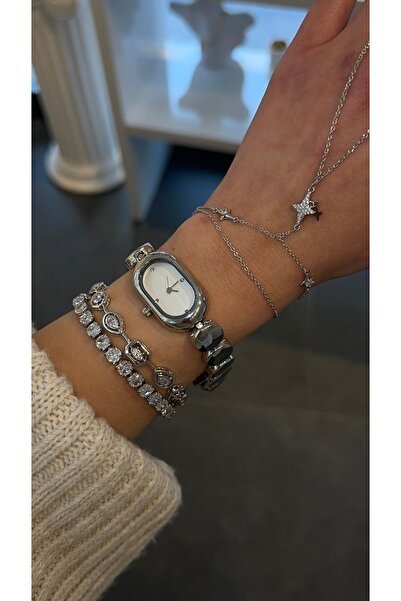 GLARE JEWELRY CO İçi Beyaz Detaylı Lüks Mini Kasa Yuvarlak Kadran Metal Gümüş...