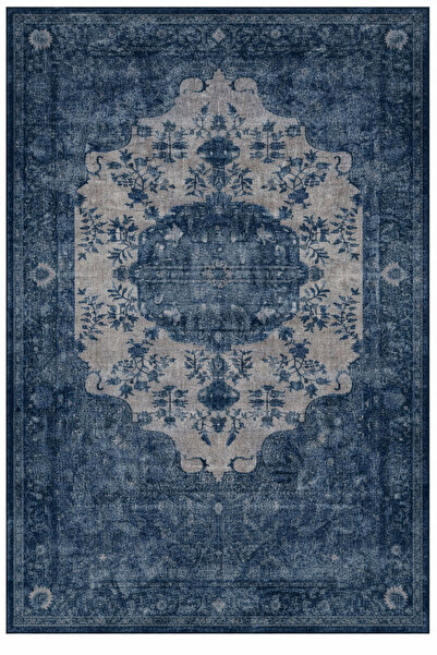 Halımax Drom Pamuk Dokuma Taban Makinede Yıkanabilen Lacivert Etnik Vintage Halı