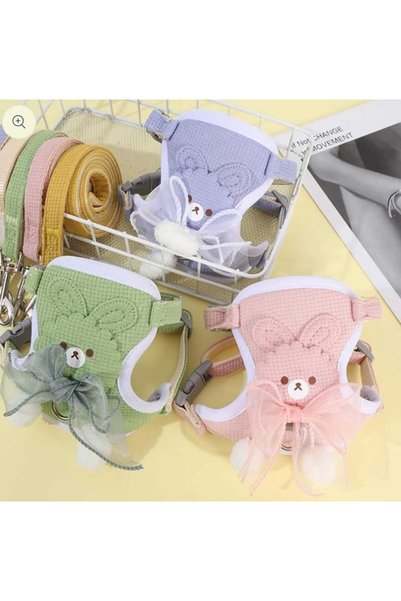 Dalian Home Kedi Gezdirme Tasması Göğüs Tasma Seti Sevimli Tavşan Desenli Kurdeleli Tasma