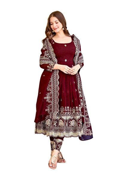 MYSMAR طقم فستان حرير مقرمش بلون عنابي مكون من بنطال وشال - HRT7103 - عنابي