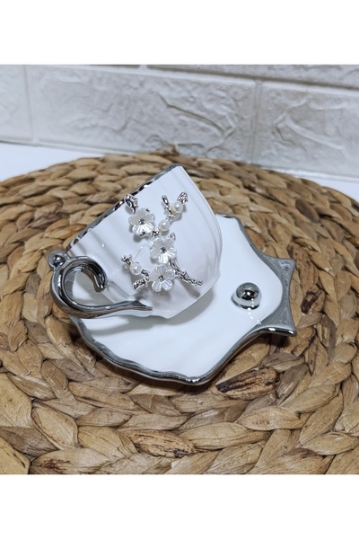 asc.home 2-Person Porcelain Design Cup with Pearls (Silver Gilding-Silver Flo...