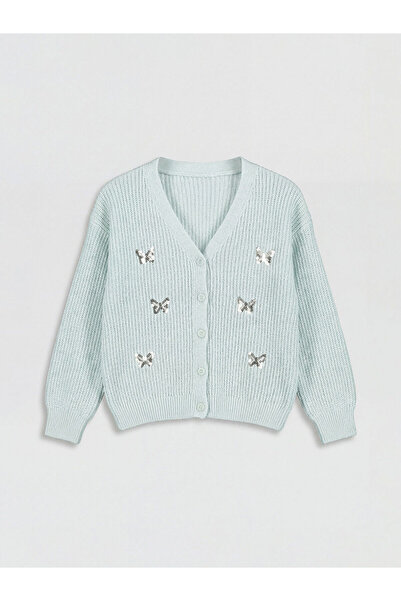 LC Waikiki Peak New Season V-Neck Sequin Embroidered Girls' Knitwear Cardigan