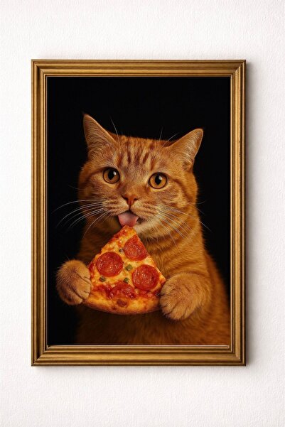 BuzzDesigns Pizza Yiyen Sevimli Kedi Modern Dekoratif Duvar Tablosu (Çerçeve ...
