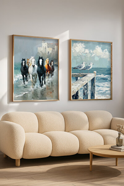 STARYUNA Wooden Framed Double Painting Set with Sea Horses and Seagulls View ...