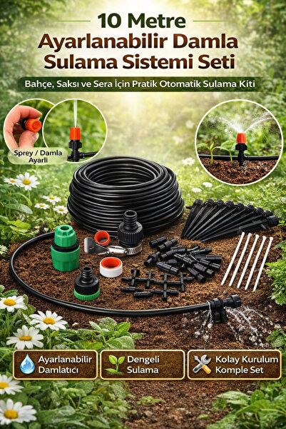 Hane Dostu 10 Metre Ayarlanabilir Damla Sulama Sistemi Seti – Bahçe, Saksı ve...