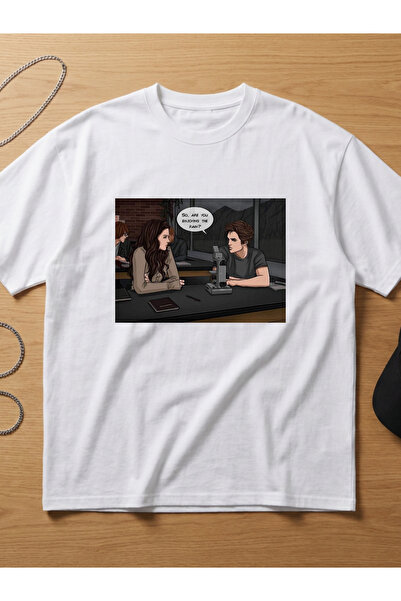 Twilight Alacakaranlık Edward Bella Rain Baskılı Oversize Unisex Pamuklu Beyaz T-shirt