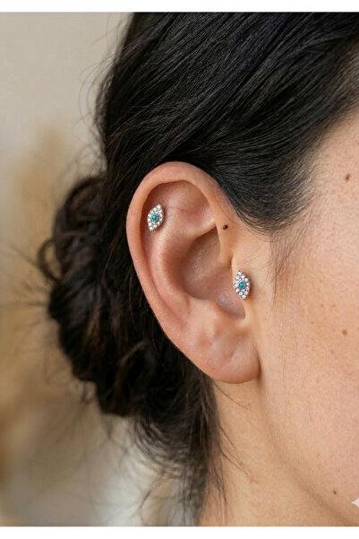 kurukafagift Helix Tragus Mavi Beyaz Zirkon Taşlı Nazar Figürlü Piercing