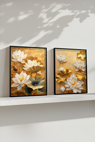 STARYUNA Black Wooden Framed Golden Lotus Flowers Double Painting Set Yuna634