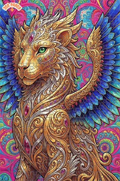 Esranın Dünyası Golden Winged Mythological Lion Oil Painting Look Wooden Puzz...