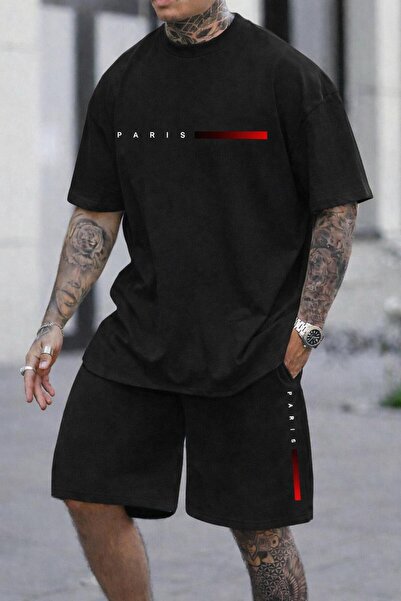 zeag Men's Paris Red Line Printed T-Shirt Shorts Set
