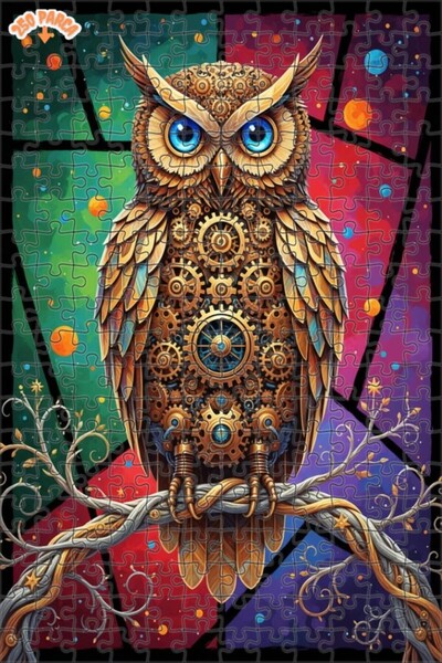 Esranın Dünyası Mechanical Owl Art Oil Painting Look Double Layer Framed Wood...