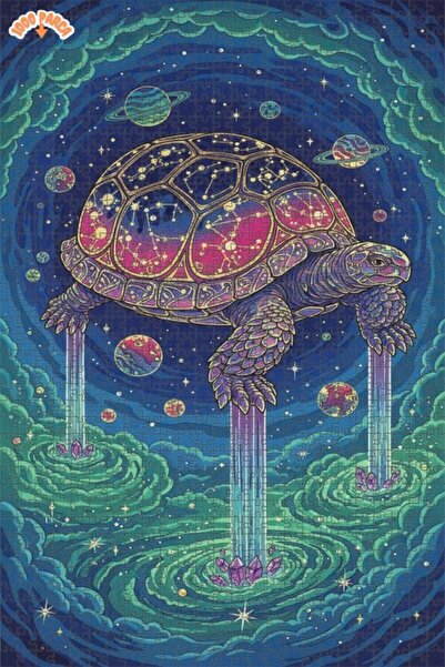 Esranın Dünyası Space Turtle Watercolor Look Art Double-Layer Framed Wooden P...