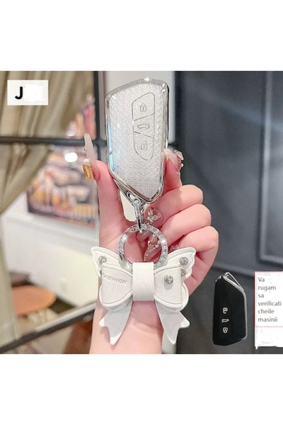 QGC Silver Car Key Case with Texture, Knitted and Playful Cord, Fresh Car Acc...