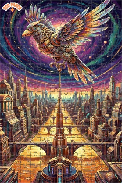 Esranın Dünyası Mechanical Bird Futuristic City Oil Painting Double-Layer Fra...