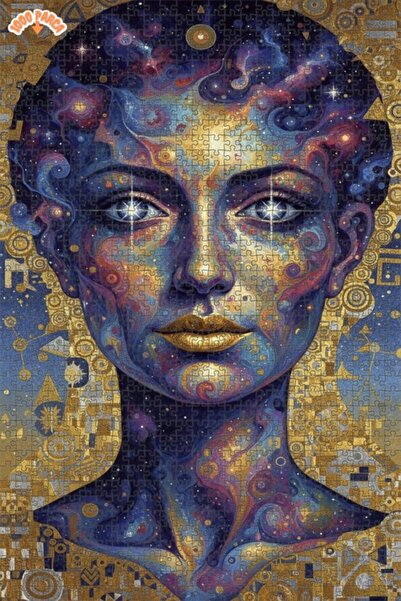 Esranın Dünyası لغز خشبي على شكل وجه كوني على طراز غوستاف كليمت، ملون بالزيت،...