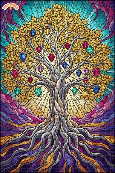 Esranın Dünyası Vivid Jeweled Tree Stained Glass Art Double-Layer Framed Wood...