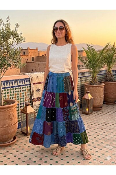 AYASOFYA OTANTIK Γυναικεία έθνικ φούστα Νεπάλ με ελαστική μέση και μήκος Patc...