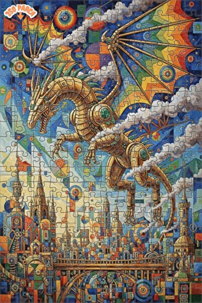 Esranın Dünyası Mechanical Dragon Oil Painting Look Double Layer Framed Woode...