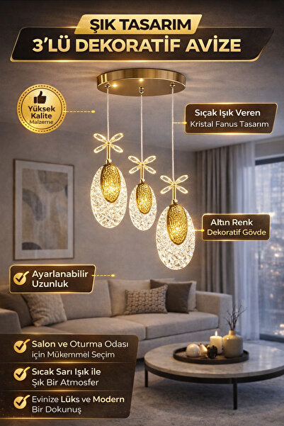 PRİMELUXRY SHOP AVİZE Şık Tasarım 3’lü Dekoratif Avize