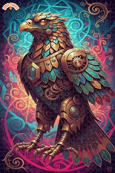 Esranın Dünyası Mechanical Eagle Art Oil Painting Look Double Layer Framed Wo...