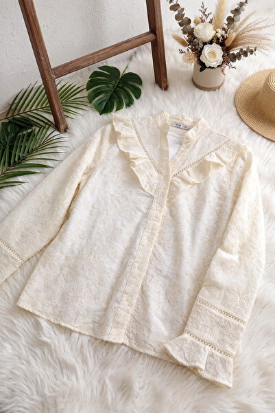 MODAQU Ruffled Embroidered Embroidered Voile Beige Shirt