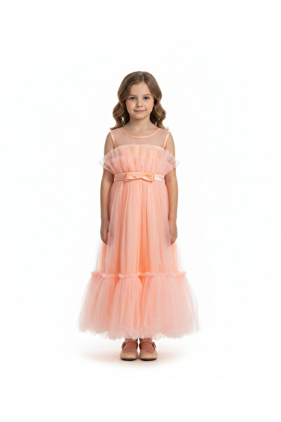 ddaniela - Tulle Dress with Belt and Small Bow Peach Colour