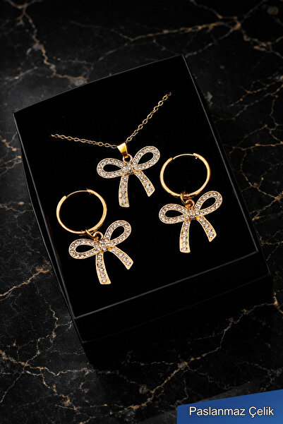 TREND COLLECTİON Zirkon Taşlı Fiyonk Çelik Kolye Küpe Seti – Kadın Gold Takı ...